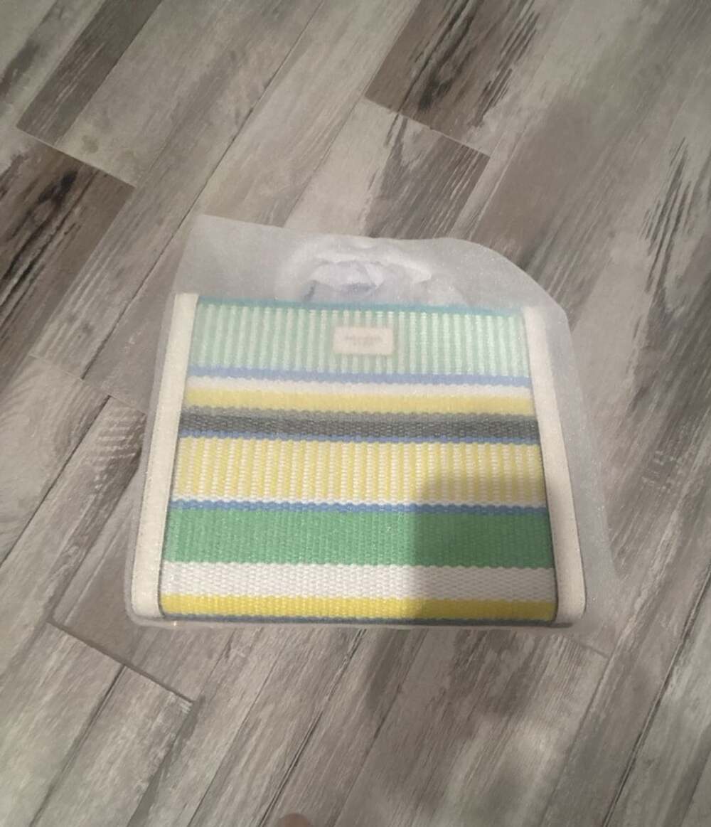 Kate Spade Manhattan Stripe Woven Straw Small Tote Multi Green